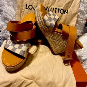 Louis Vuitton Wedge Sandals. Size 9/10. Tan,Greg & Carmel.
